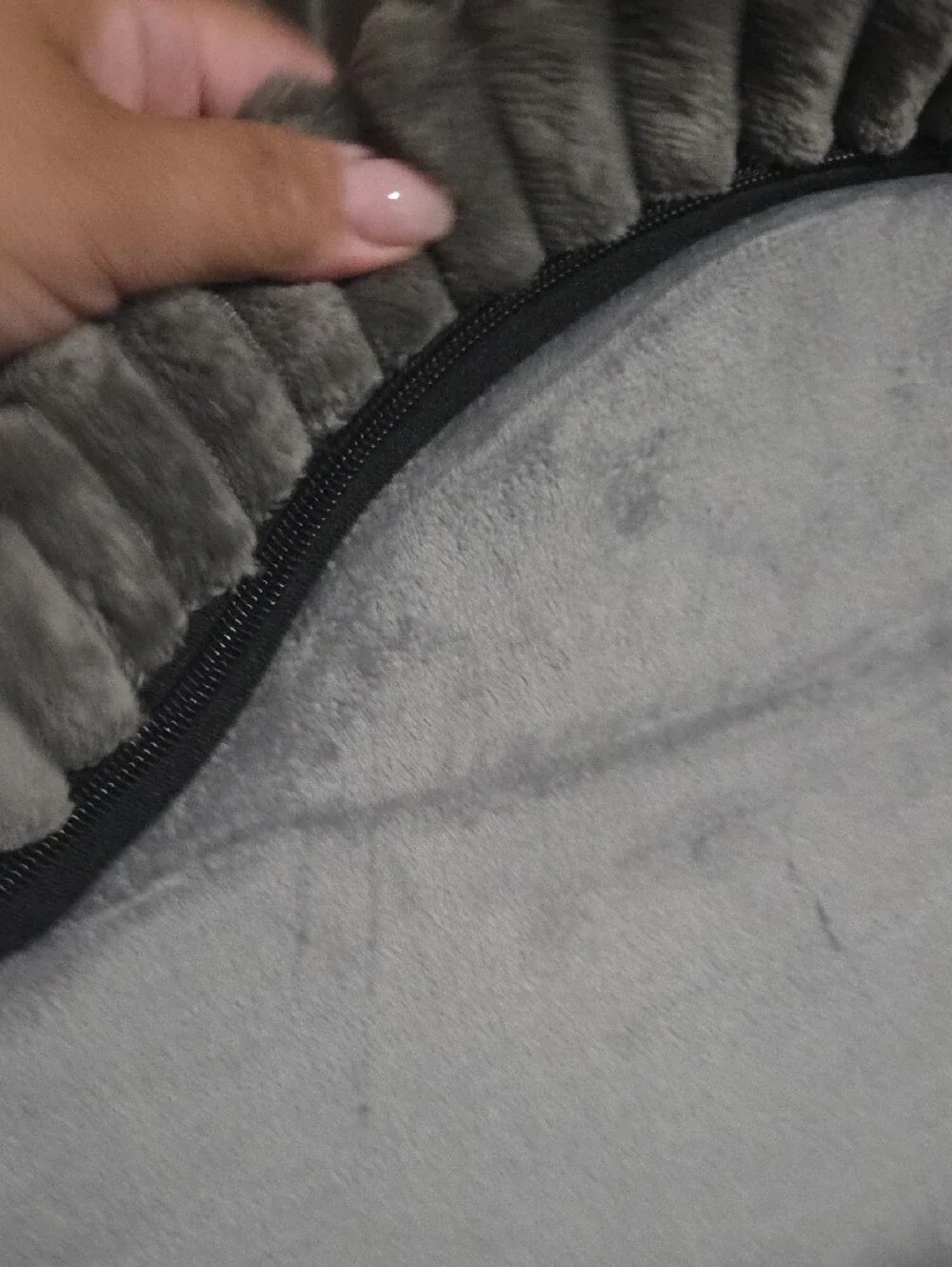 Cozy Gray Cat Or Dog House Bed with Plush White Trim